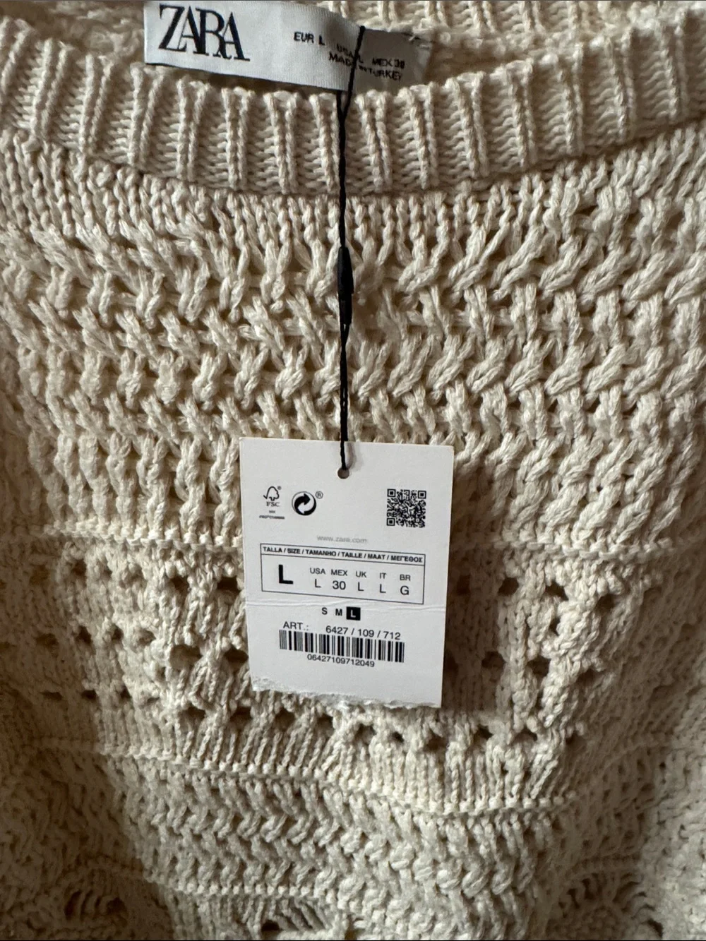 Zara Cream Crochet Puff-Sleeve Knit Top